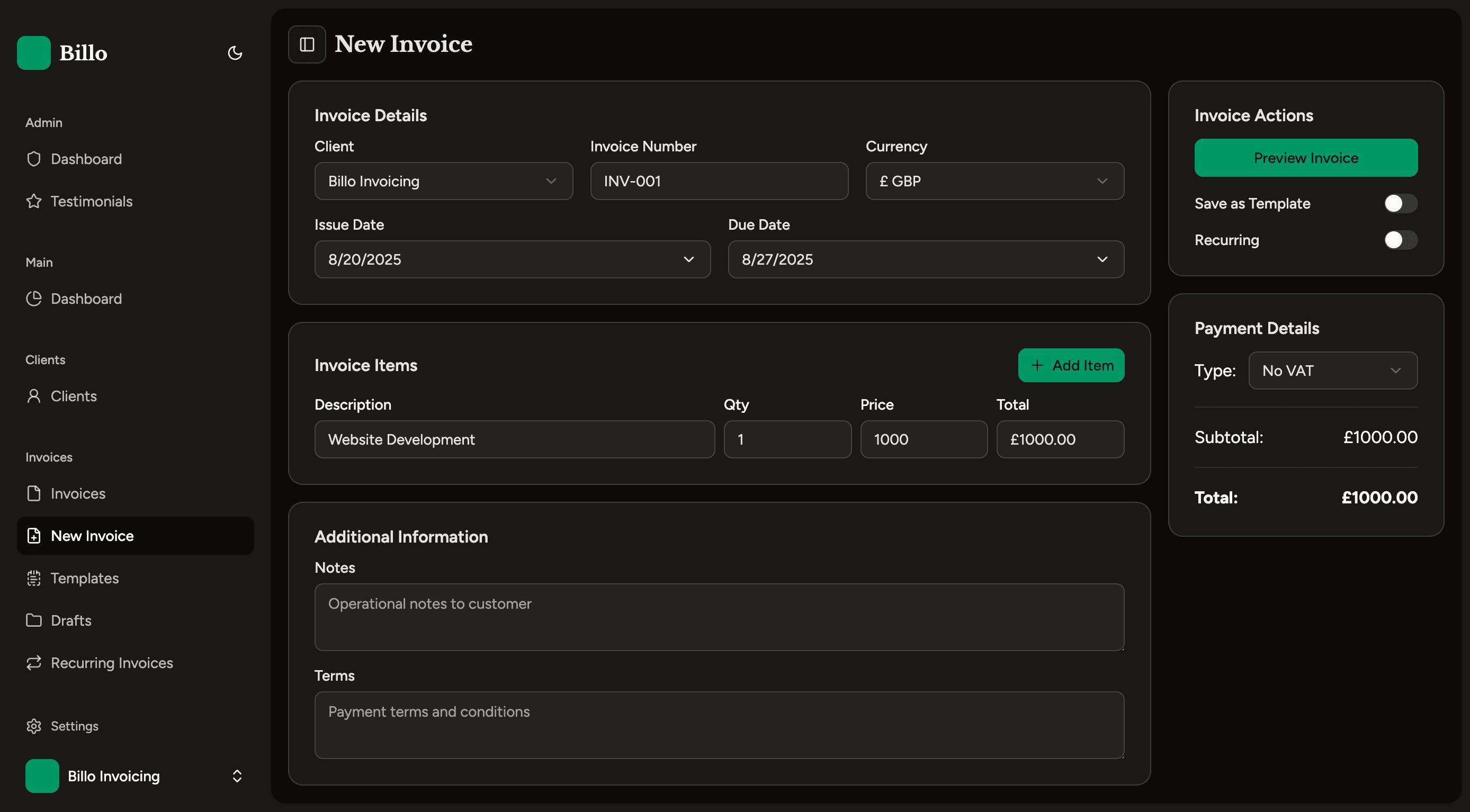 Create invoices in seconds
