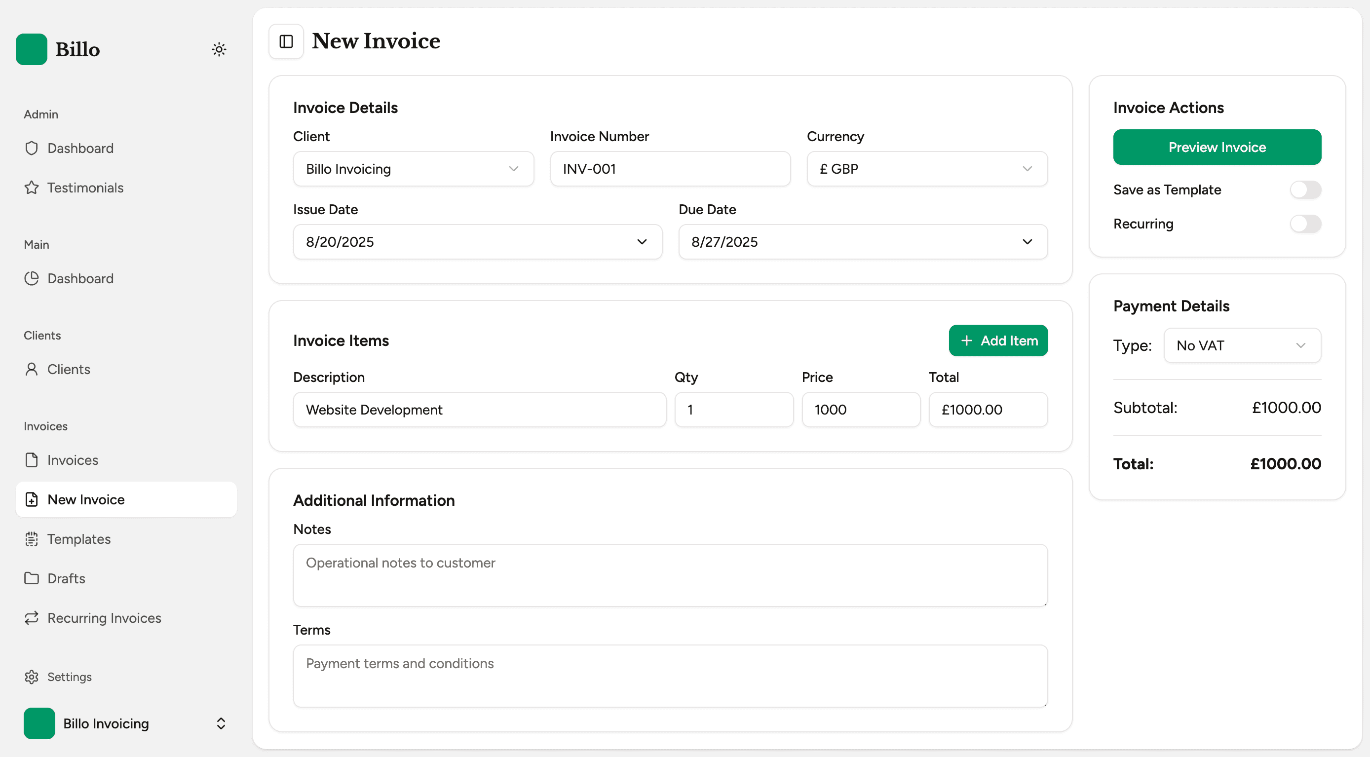 Create invoices in seconds